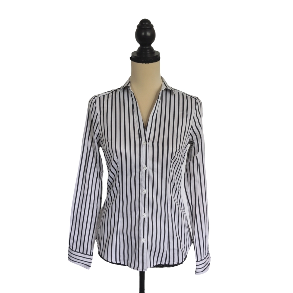 White Navy Stripe Button Down Shirt H&M Size 6 Stretchy